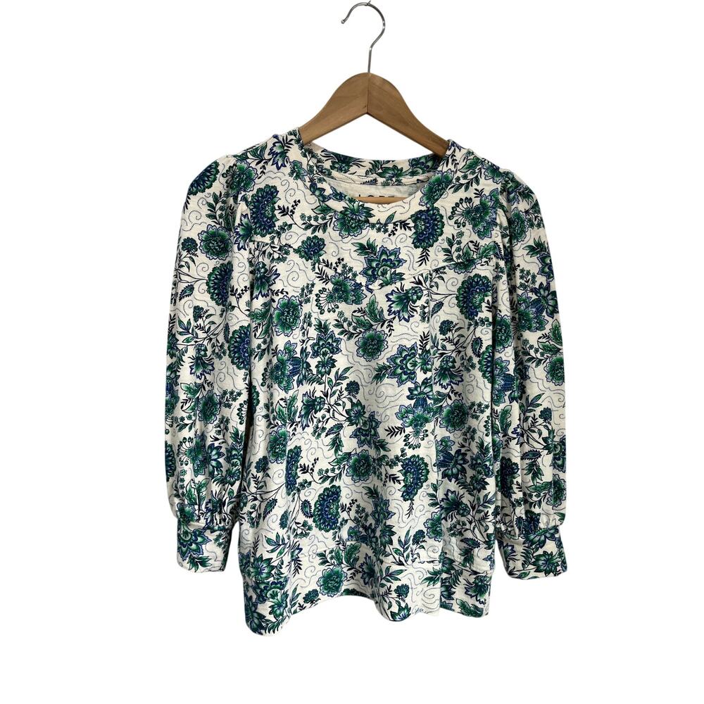 LOFT Green Floral Cotton Top Small Cottagecore Botanical Spring Sweater Shirt‎